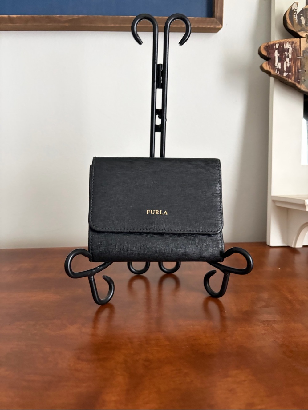 Furla Black Textured Leather Compact Wallet with Gold Logo